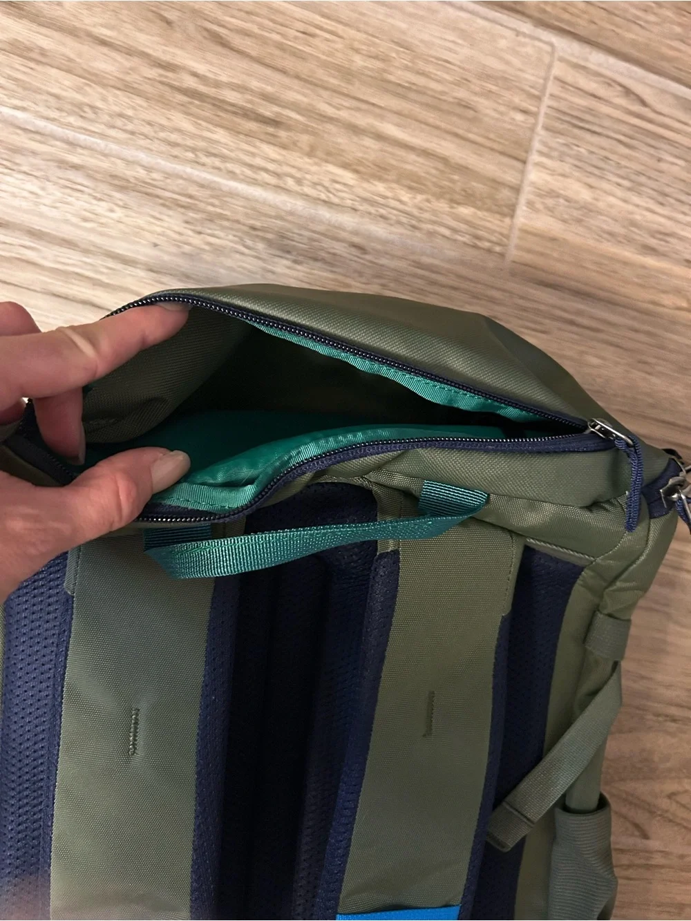 cotopaxi Olive Green Backpack with Blue and Teal Accents
